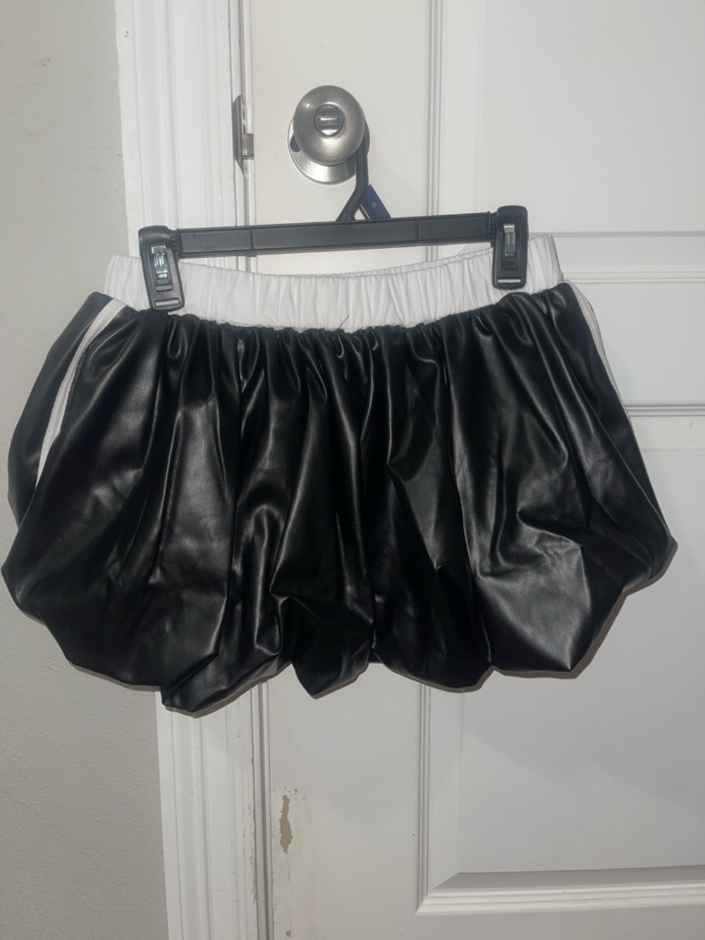 Fashion Nova Black Faux Leather Bubble Mini Skirt with White Elastic Waistband